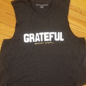 Spiritual Gangster Black Grateful Raw Edge Crop Tank Top Large NWT